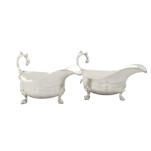 Pair of Antique Victorian Sterling Silver Gravy Jugs / Sauce Boats 1881
