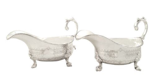 fig 1. Pair of Antique Victorian Sterling Silver Gravy Jugs / Sauce Boats 1881