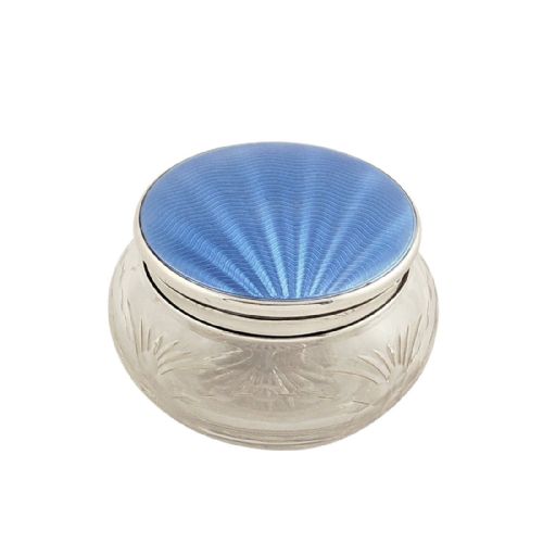 Antique Sterling Silver & Blue Enamel Vanity Jar - Walker & Hall 1938