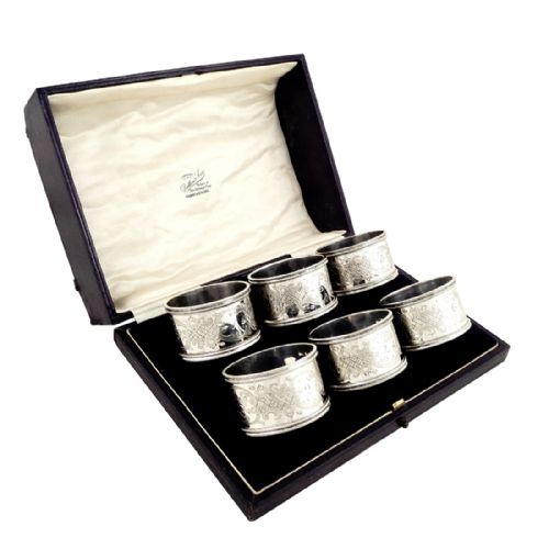 Set 6 Antique Edwardian Sterling Silver Napkin Rings in Case 1903