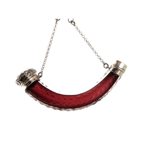 Antique Silver & Red Glass Horn Shape Perfume / Scent Bottle C1880