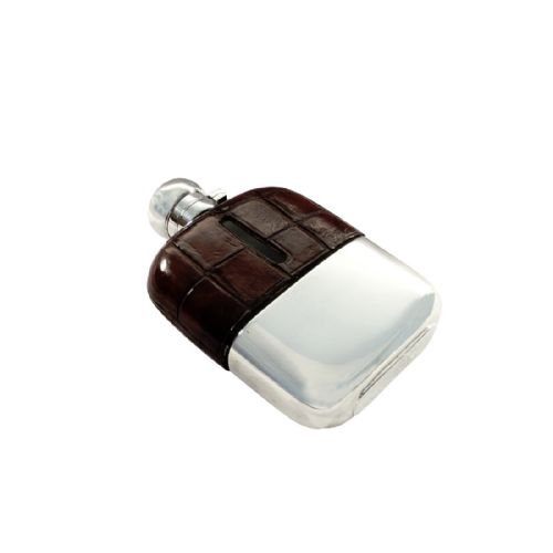Antique Crocodile Leather & Silver Plated Hip Flask with Cup C1900