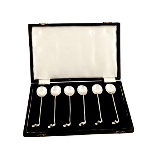 Set 6 Antique Sterling Silver 'Golf' Teaspoons in Case 1924