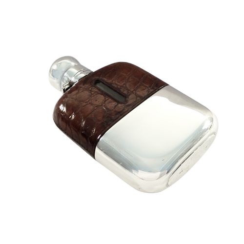 Antique Victorian Crocodile Leather & Sterling Silver Hip Flask 1900