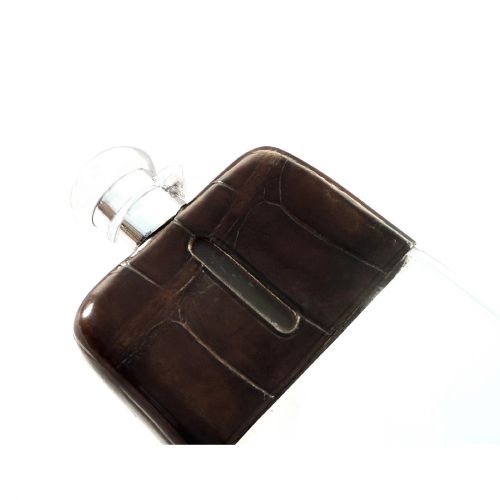 Antique Crocodile Leather & Silver Plated Hip Flask C1900