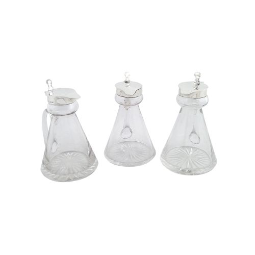 Set of 3 Antique Sterling Silver & Glass Whisky Noggins / Jugs 1936