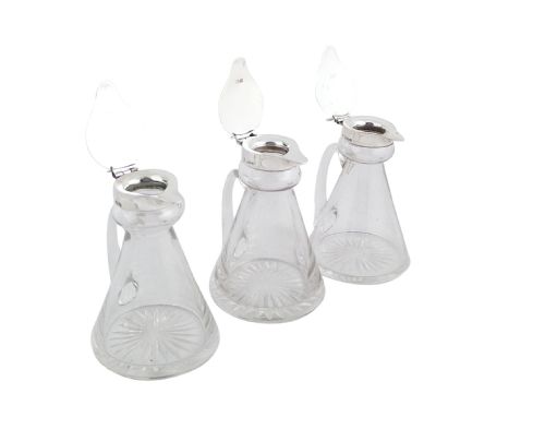 fig 1. Set of 3 Antique Sterling Silver & Glass Whisky Noggins / Jugs 1936