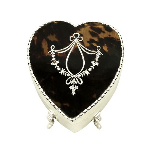 Antique Edwardian Sterling Silver & Tortoiseshell Heart Trinket Box 1907
