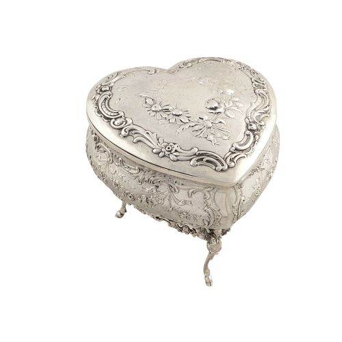 Antique Victorian Sterling Silver Heart Trinket Box 1897