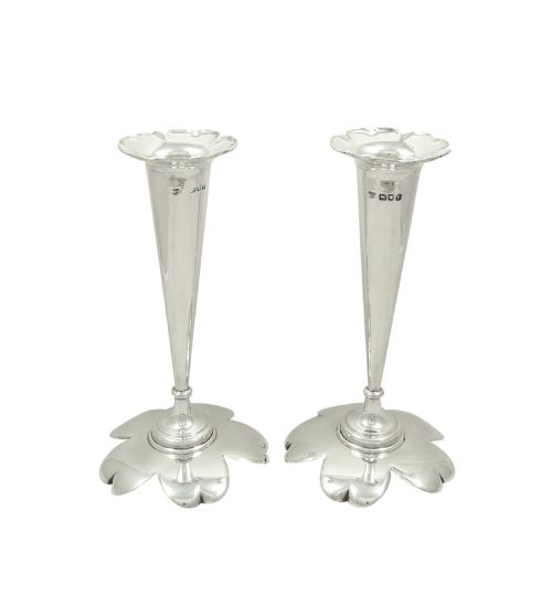 Pair of Antique Edwardian Sterling Silver 'Petal' Vases 1901