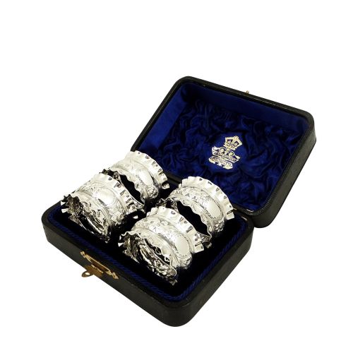 Set of 4 Antique Victorian Sterling Silver Napkin Rings in Case 1891