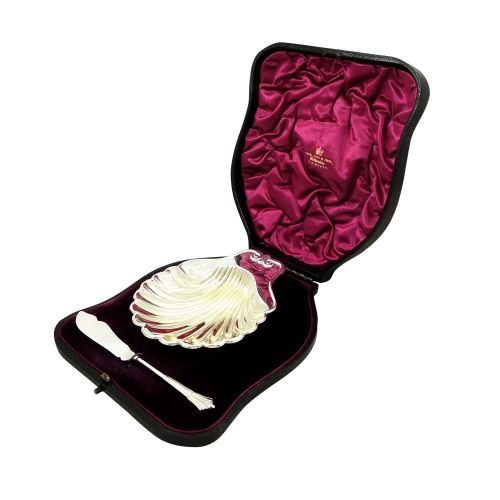 Antique Victorian Sterling Silver Shell Butter Dish & Knife 1892