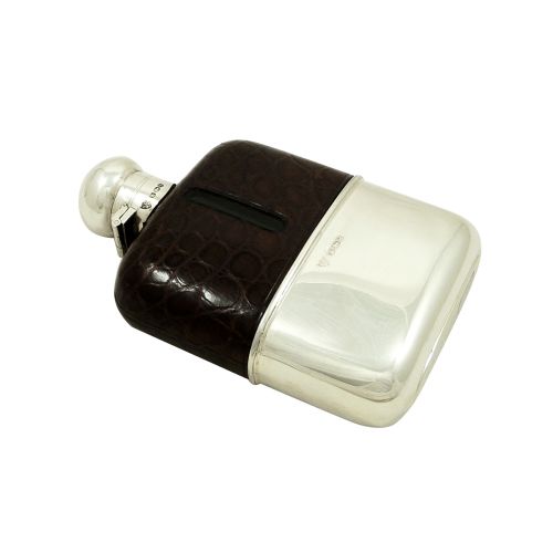 Antique Sterling Silver & Crocodile Leather Hip  Flask 1933