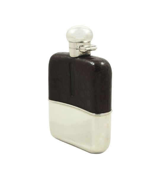 fig 1. Antique Sterling Silver & Crocodile Leather Hip Flask 1933