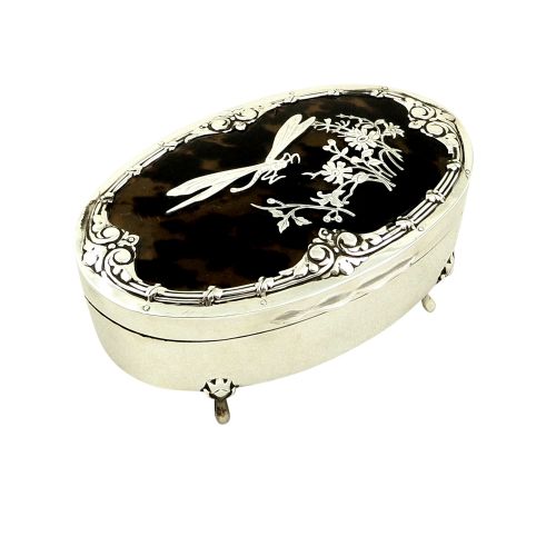 Antique Edwardian Sterling Silver & Tortoiseshell Dragonfly Trinket Box 1907