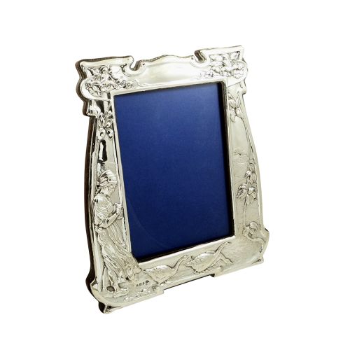 Antique Art Nouveau Sterling Silver 11" Goose Girl Photo Frame 1906