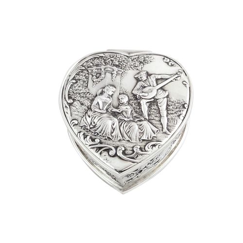 Antique Sterling Silver Heart Shape Trinket Box with Scene 1901