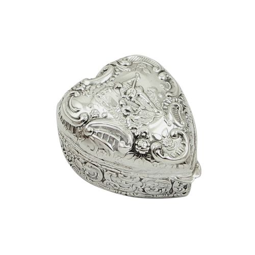 Antique Victorian Sterling Silver Heart Trinket Box with Scene 1900