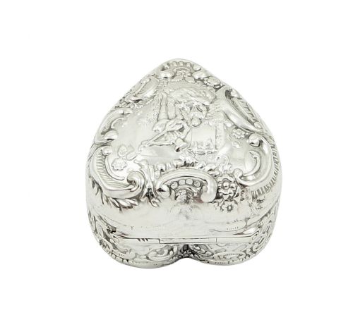fig 1. Antique Victorian Sterling Silver Heart Trinket Box with Scene 1900