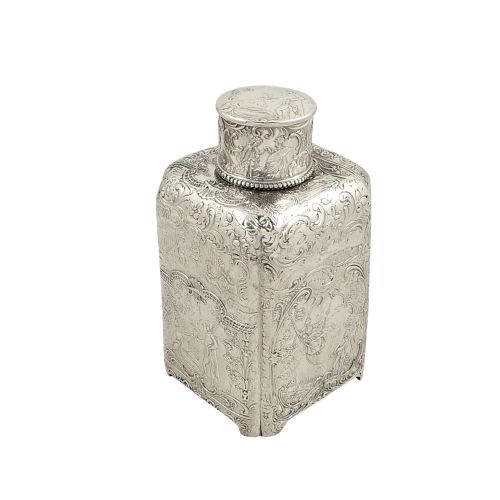 Antique German Silver Caddy with Romantic Scenes  C 1880
