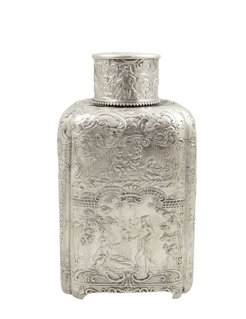 fig 1. Antique German Silver Caddy with Romantic Scenes c 1880