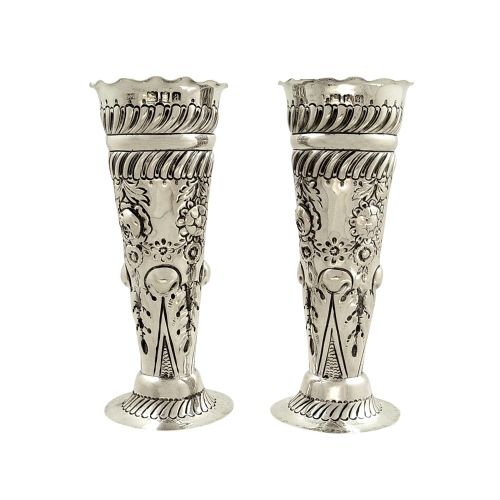 Pair of Antique Victorian Sterling Silver Vases 1896