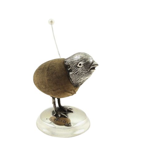 Unusual Antique Edwardian Sterling Silver Chick / Bird Pin Cushion 1909