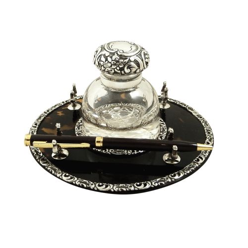Antique Victorian Sterling Silver & Tortoiseshell Inkwell on Stand 1899