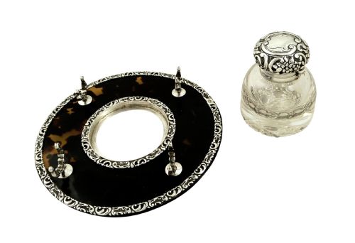 fig 1. Antique Victorian Sterling Silver & Tortoiseshell Inkwell on Stand 1899