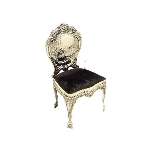 Large Antique Sterling Silver Chair Pin Cushion with Peacock Scene 1902