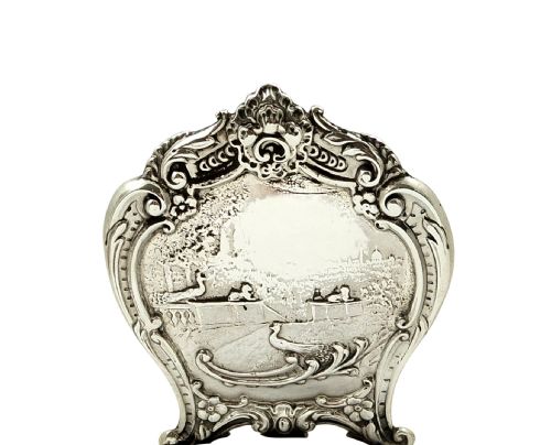 fig 1. Large Antique Sterling Silver Chair Pin Cushion with Peacock Scene 1902