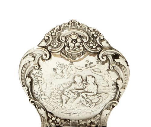 fig 1. Large Antique Edwardian Sterling Silver Chair Pin Cushion with Lovers Scene 1902