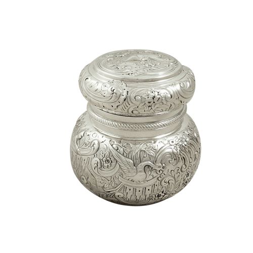 Antique Victorian Sterling Silver Vanity Pot / Caddy with Scenes 1890