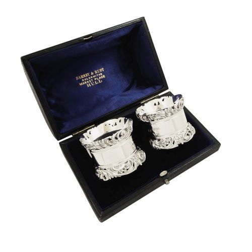 Pair of Antique Edwardian Sterling Silver Napkin Rings in Case 1902