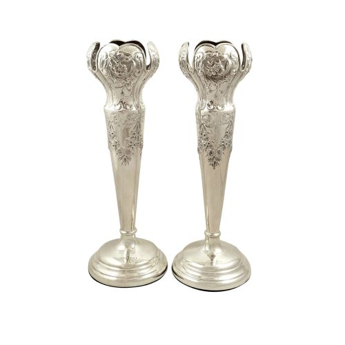 Pair of Antique Edwardian Sterling Silver 10" Vases 1905