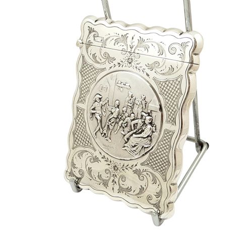 Antique Edwardian Sterling Silver Card Case - Tavern Dancing Scene 1908