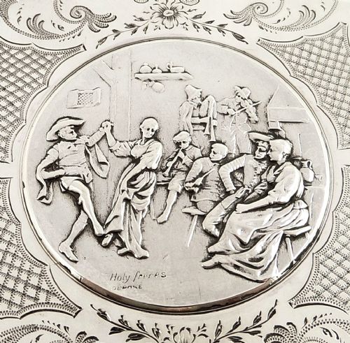 fig 1. Antique Edwardian Sterling Silver Card Case - Tavern Dancing Scene 1908