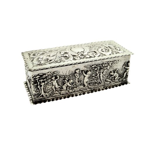 Antique Sterling Silver Trinket Box with Cherub Scenes 1901