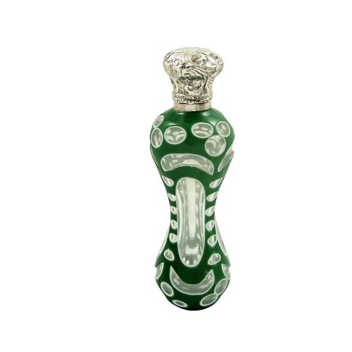 Antique Victorian Silver & Green Overlay 4" Glass Perfume /Scent Bottle C1890