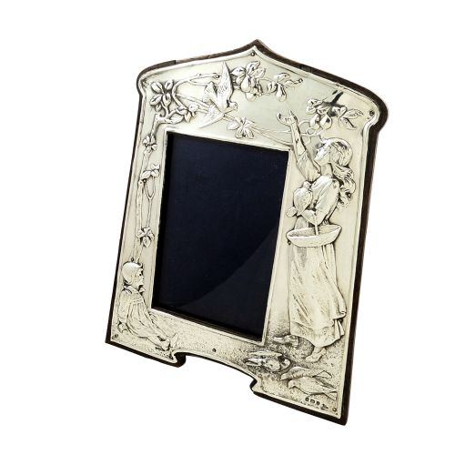 Antique Art Nouveau Sterling Silver 10" Photo Frame - 1905 - Girl with Birds