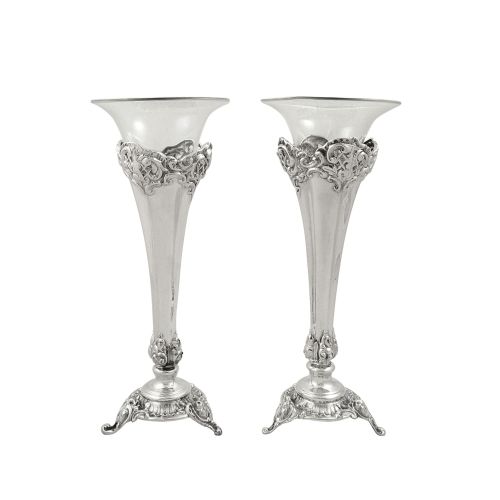 Pair of Antique Victorian Sterling Silver 7" Vases 1895/6