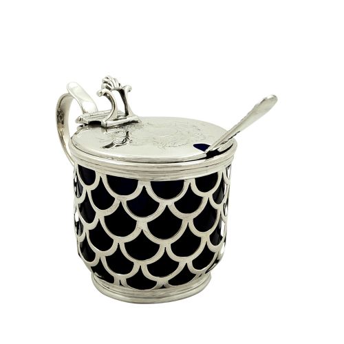 Antique Victorian Sterling Silver Mustard Pot with Crest 1850
