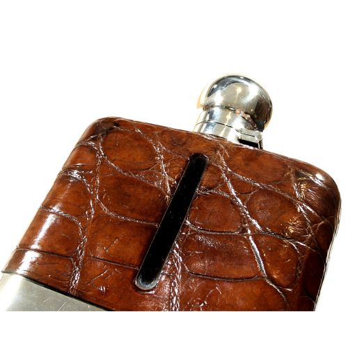 fig 1. Antique Sterling Silver & Crocodile 1/2 Pint Hip Flask 1930