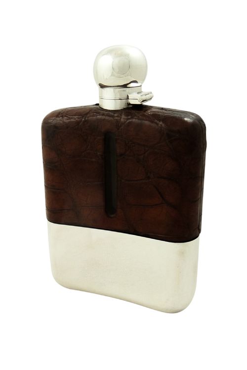 Antique Sterling Silver & Crocodile 1/2 Pint Hip Flask 1930