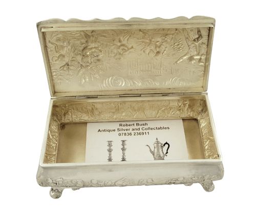 fig 1. Antique Edwardian Sterling Silver Trinket Box with Classical Scenes 1903