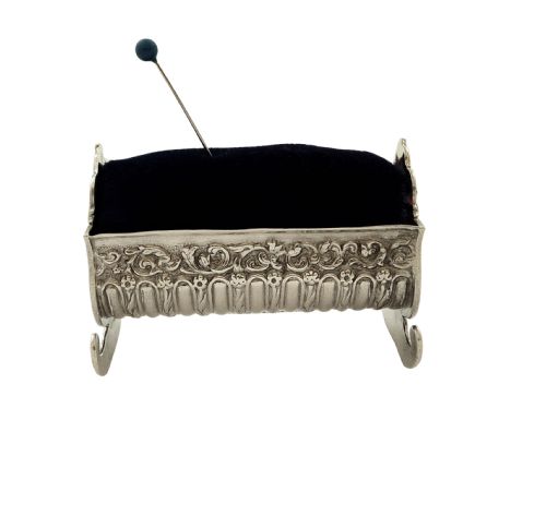 fig 1. Antique Victorian Sterling Silver Cradle / Crib Pin Cushion 1896