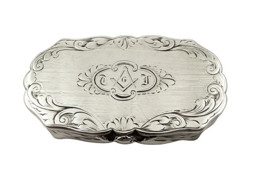 fig 1. Antique Victorian Sterling Silver Snuff Box 1847 - Masonic