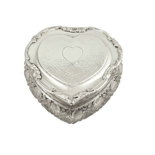 Antique Edwardian Sterling Silver & Cut Glass Heart Shape Trinket Box 1906