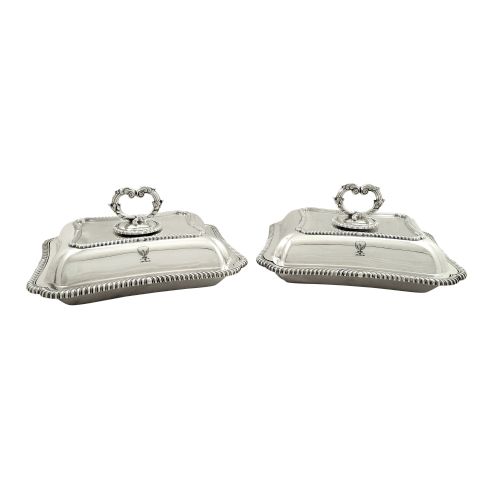 Pair of Antique Edwardian Sterling Silver Entree Dishes with Crests 1905