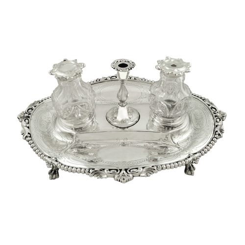 Antique Victorian Sterling Silver Double Inkstand with Candlestick 1857